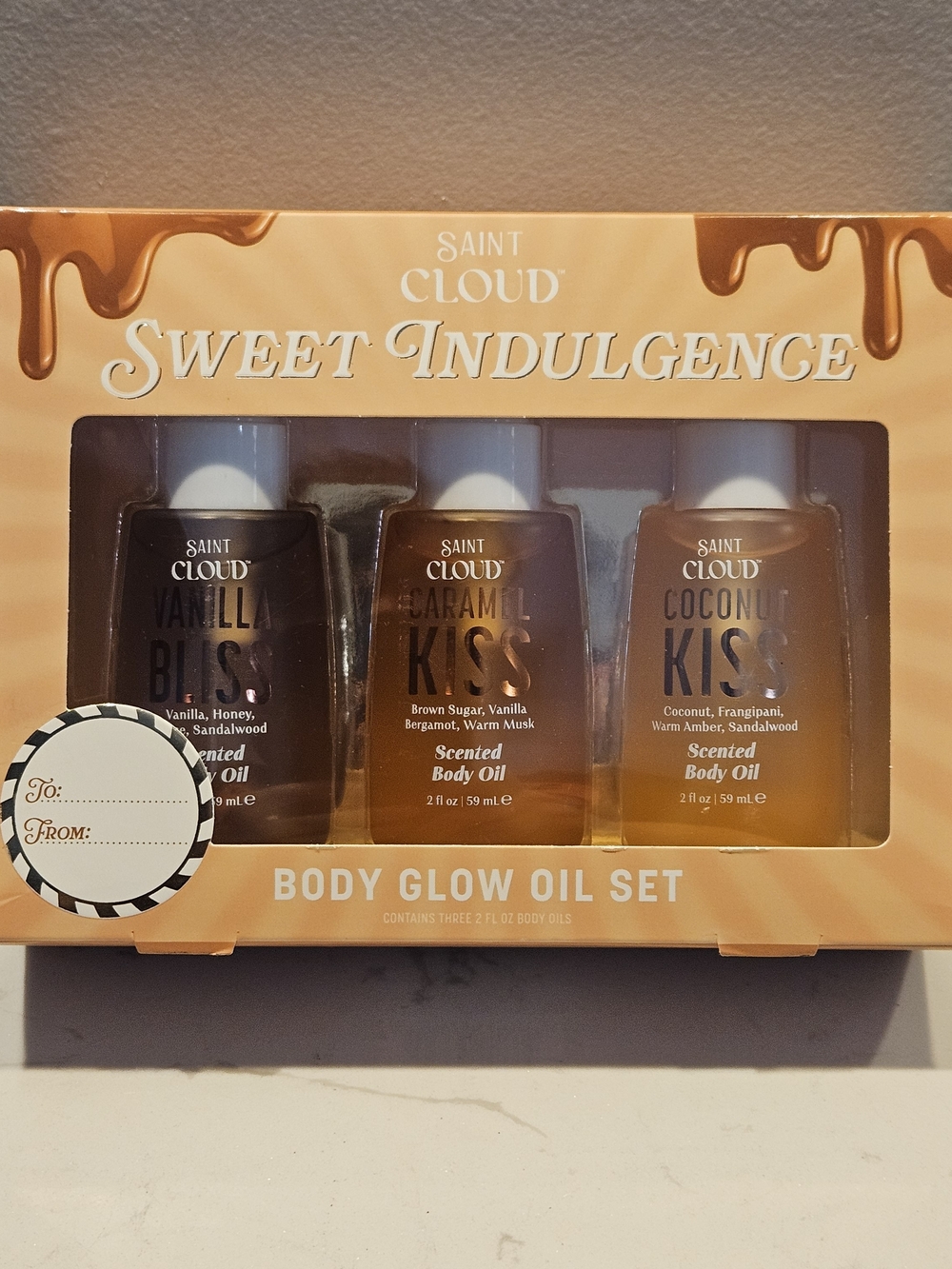 Saint Cloud Body Oil Glow Gift Set of 3 Sweet Indulgence 2 oz Vanilla, Caramel
